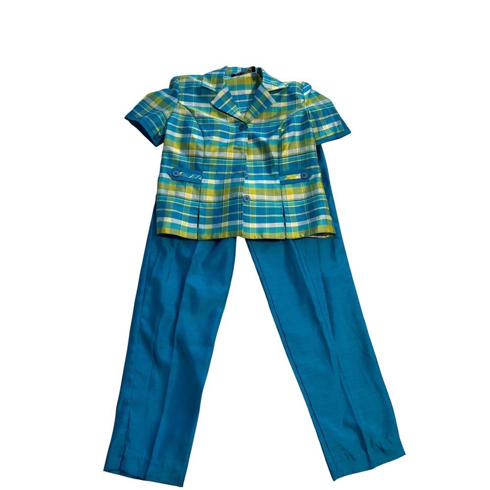 Sag Harbor Pant Set Vintage Plaid Turquoise Lime Green Short Sleeve Blazer‎ 6P